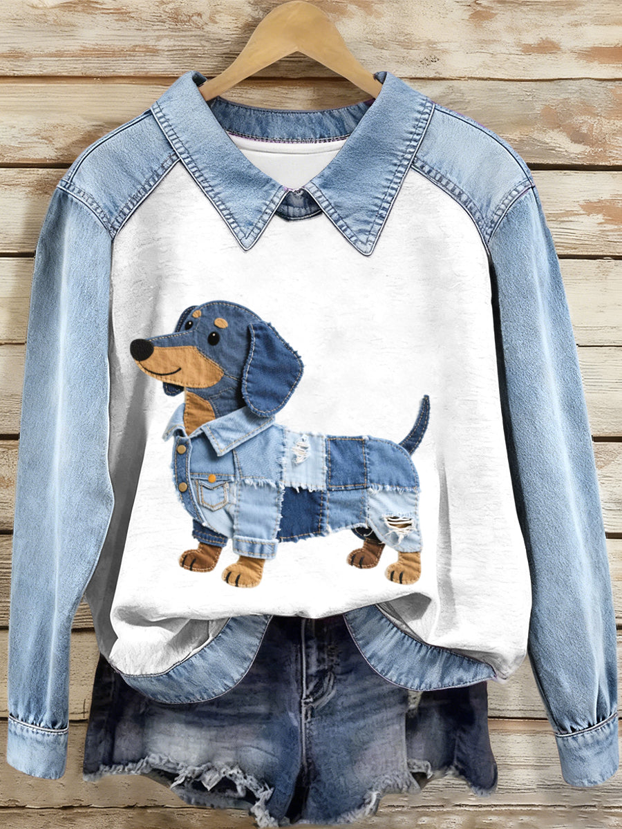 Women's Denim Patchwork Dachshund Pattern Sweatshirt gracestitchs