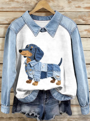 Women's Denim Patchwork Dachshund Pattern Sweatshirt gracestitchs