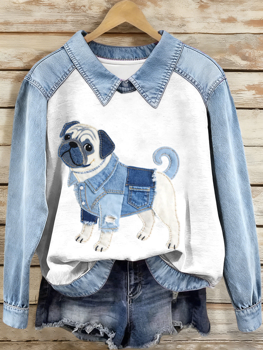 Women's Denim Patchwork Pug Dog Pattern Sweatshirt gracestitchs