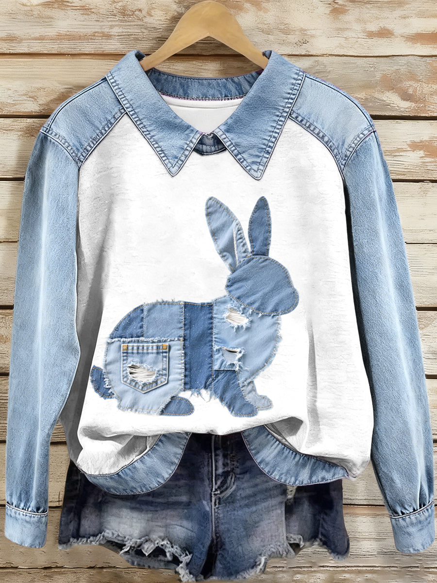 Women's Denim Patchwork Bunny Pattern Sweatshirt gracestitchs