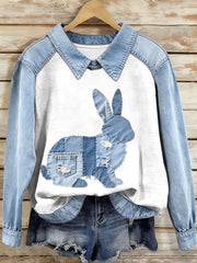 Women's Denim Patchwork Bunny Pattern Sweatshirt gracestitchs