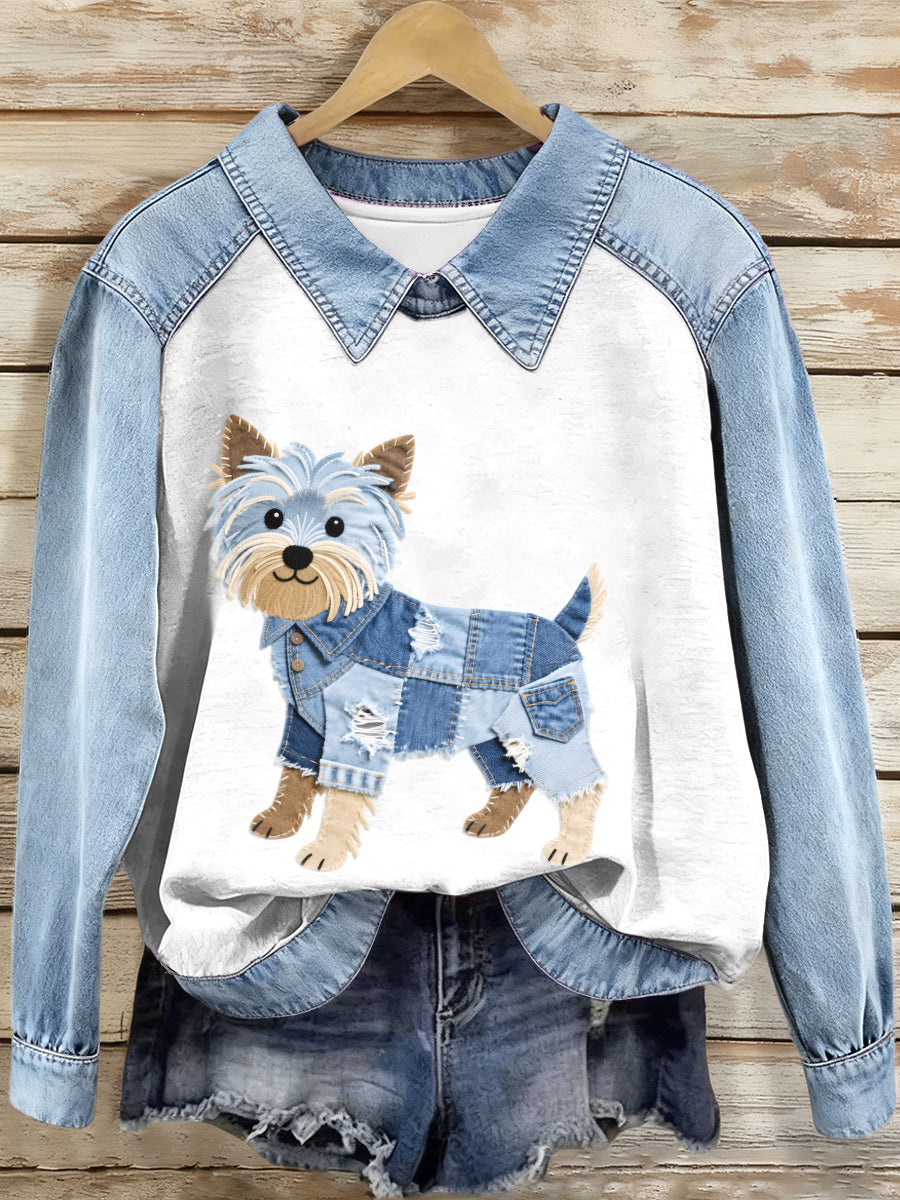 Women's Denim Patchwork Yorkshire Terrier Dog Pattern Sweatshirt gracestitchs
