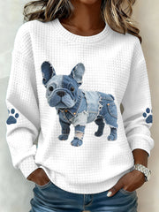 Women's Denim Patchwork French Bulldog Pattern Waffle Sweatshirt gracestitchs
