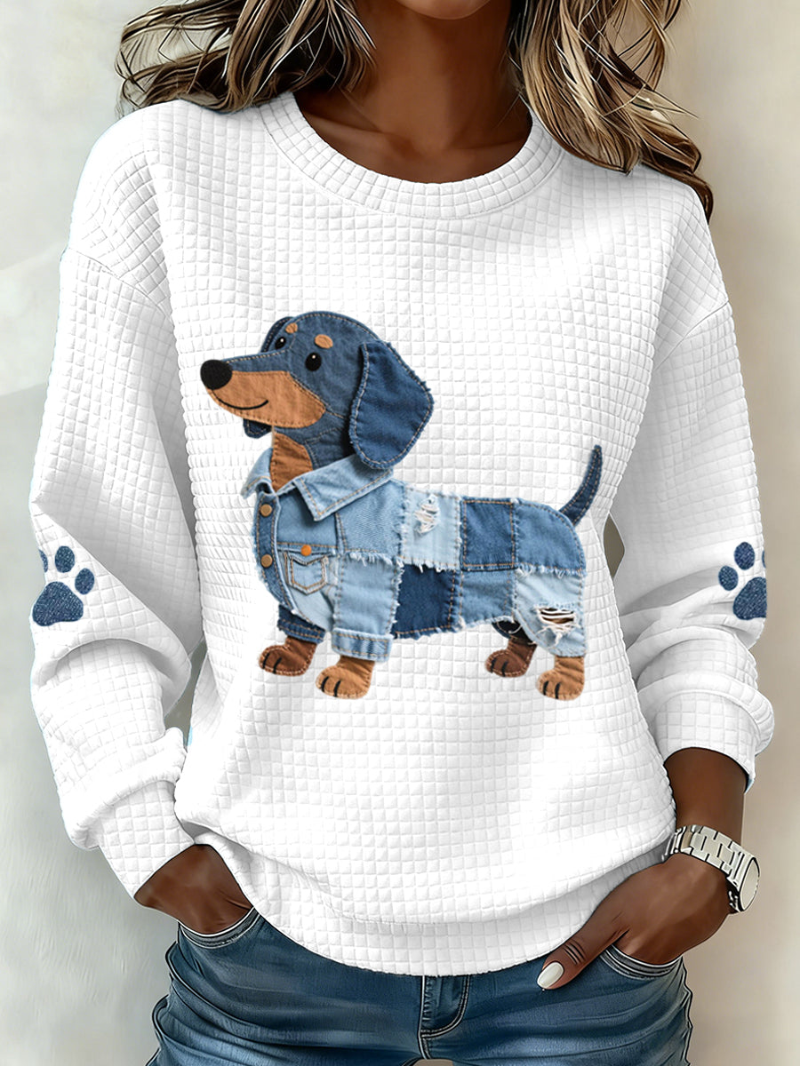 Women's Denim Patchwork Dachshund Dog Pattern Waffle Sweatshirt gracestitchs