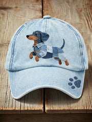 Unisex Denim Patchwork Dachshund Dog Pattern Hat gracestitchs