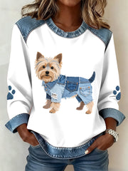 Women's Lovely Yorkshire Terrier Dog Pattern Denim Patchwork Sweatshirt gracestitchs