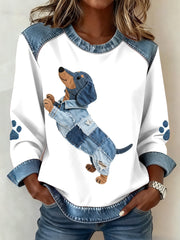 Women's Lovely Dachshund Dog Pattern Denim Patchwork Sweatshirt gracestitchs