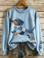 Women's Denim Patchwork Art Dachshund Dog Pattern Sweatshirt gracestitchs