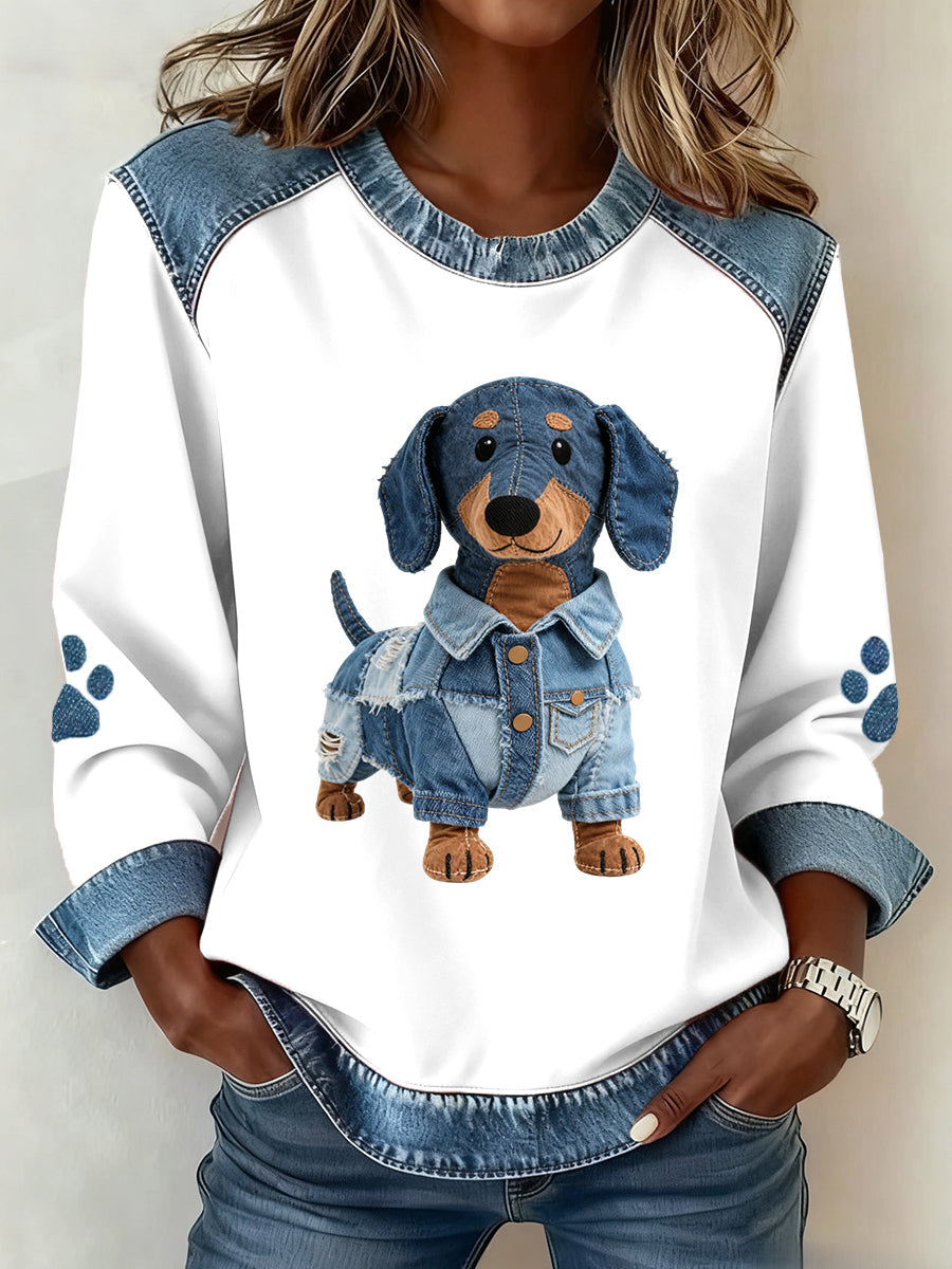 Women's Lovely Dachshund Dog Pattern Denim Patchwork Sweatshirt gracestitchs