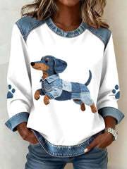 Women's Lovely Dachshund Dog Pattern Denim Patchwork Sweatshirt