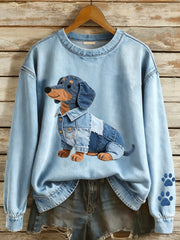 Women's Denim Patchwork Art Dachshund Dog Pattern Sweatshirt gracestitchs