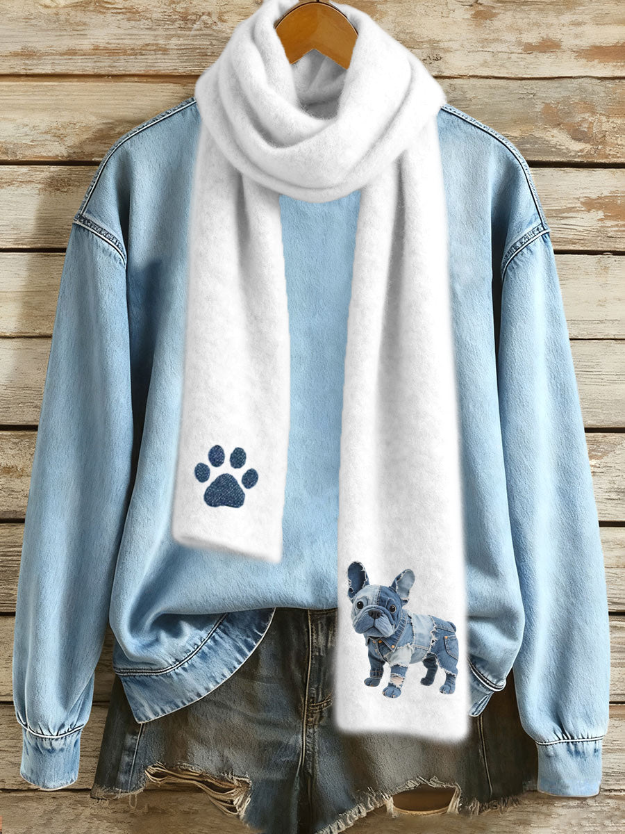 Denim Patchwork Art French Bulldog Pattern Scarf gracestitchs