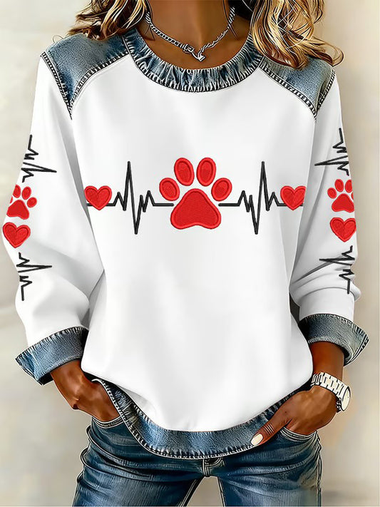 Women's Fun Animal Patterns Denim Patchwork Sweatshirt