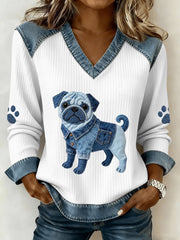 Women's Lovely Pug Dog Pattern Denim Patchwork V-Neck Top gracestitchs
