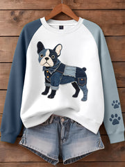 Women's Denim Patchwork Art French Bulldog Pattern Sweatshirt gracestitchs