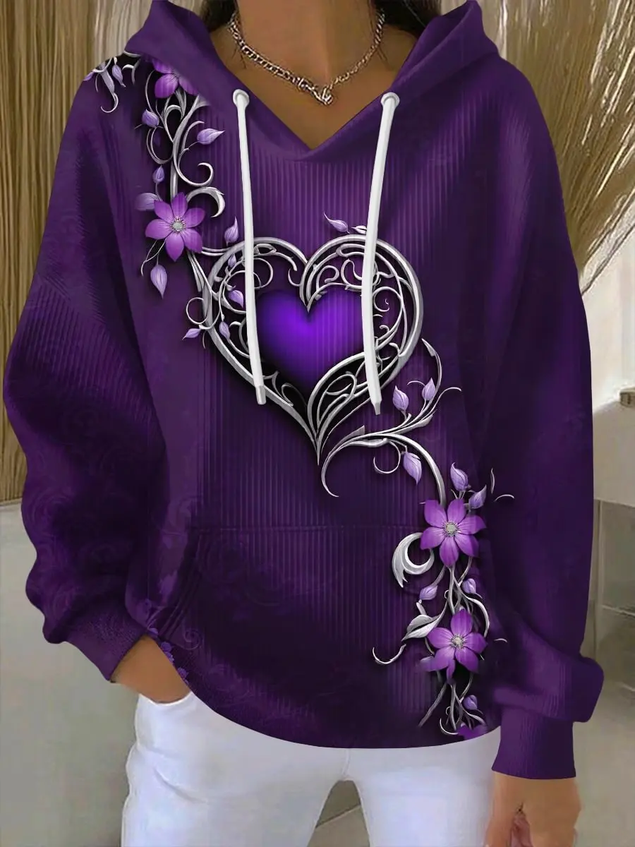 Women's Vintage Purple Floral Art Print Casual Hoodie gracestitchs