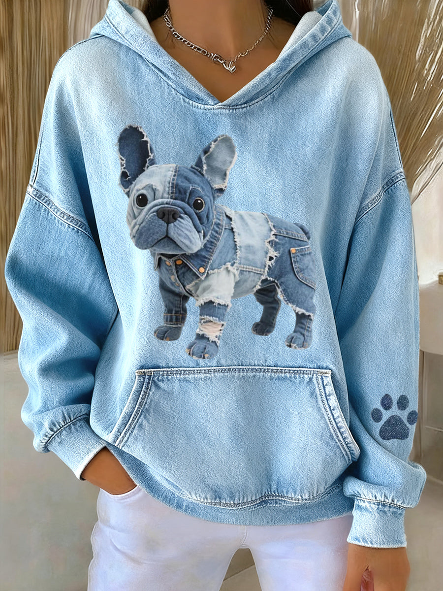 Women's Lovely French Bulldog Denim Patchwork Pattern Hoodie gracestitchs
