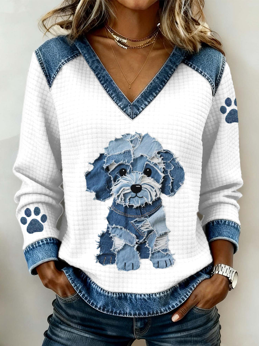 Women's Lovely Dog Pattern Denim Patchwork V-Neck Top gracestitchs