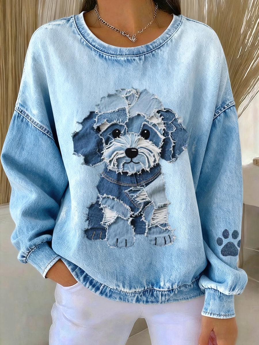 Women's Lovely Dog Denim Patchwork Pattern Sweatshirt gracestitchs
