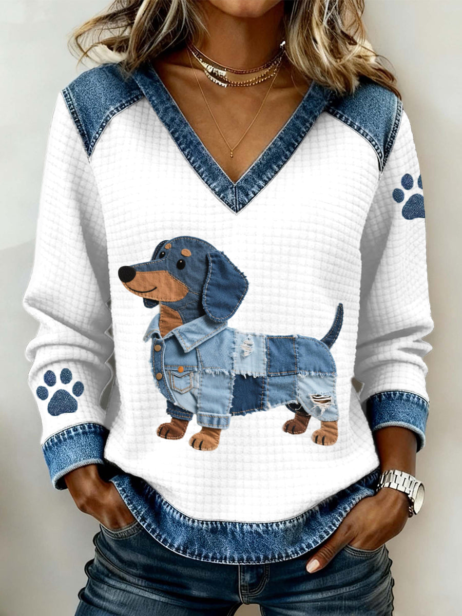 Women's Lovely Dachshund Dog Pattern Denim Patchwork V-Neck Top gracestitchs