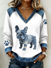 Women's Lovely French Bulldog Pattern Denim Patchwork V-Neck Top gracestitchs