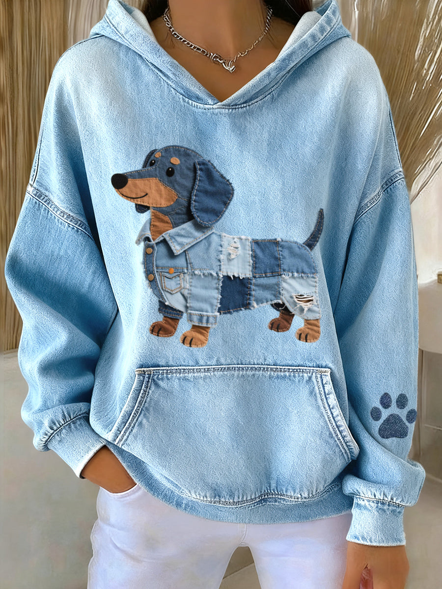 Women's Lovely Dachshund Dog Denim Patchwork Pattern Hoodie gracestitchs