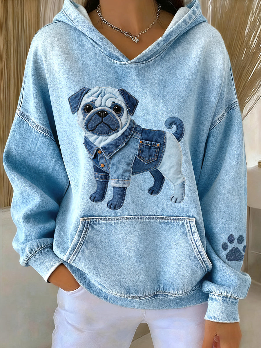 Women's Lovely Pug Dog Denim Patchwork Pattern Hoodie gracestitchs