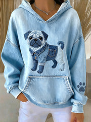 Women's Lovely Pug Dog Denim Patchwork Pattern Hoodie