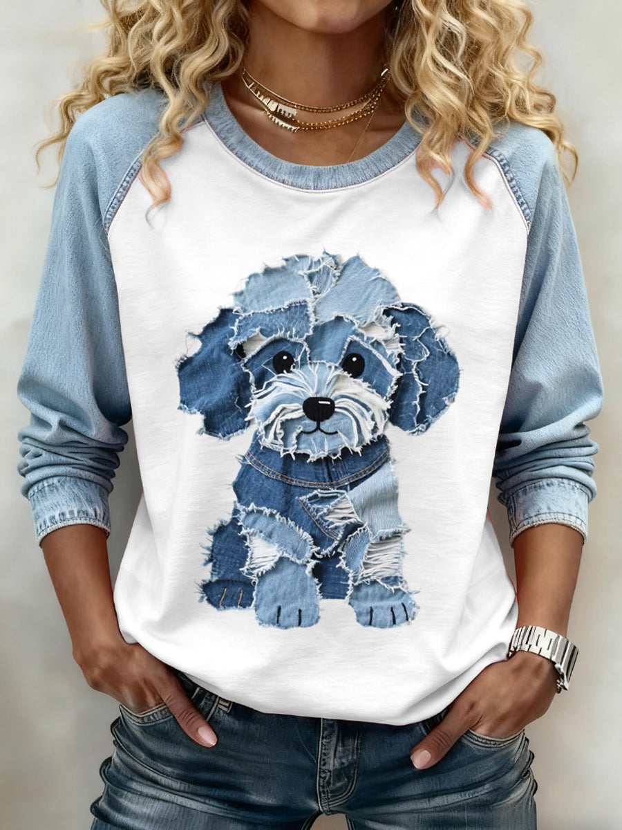Women's Lovely Dog Pattern Denim Patchwork Sweatshirt gracestitchs