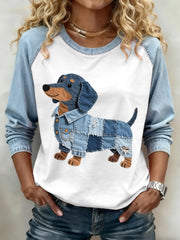 Women's Lovely Dachshund Dog Pattern Denim Patchwork Sweatshirt gracestitchs