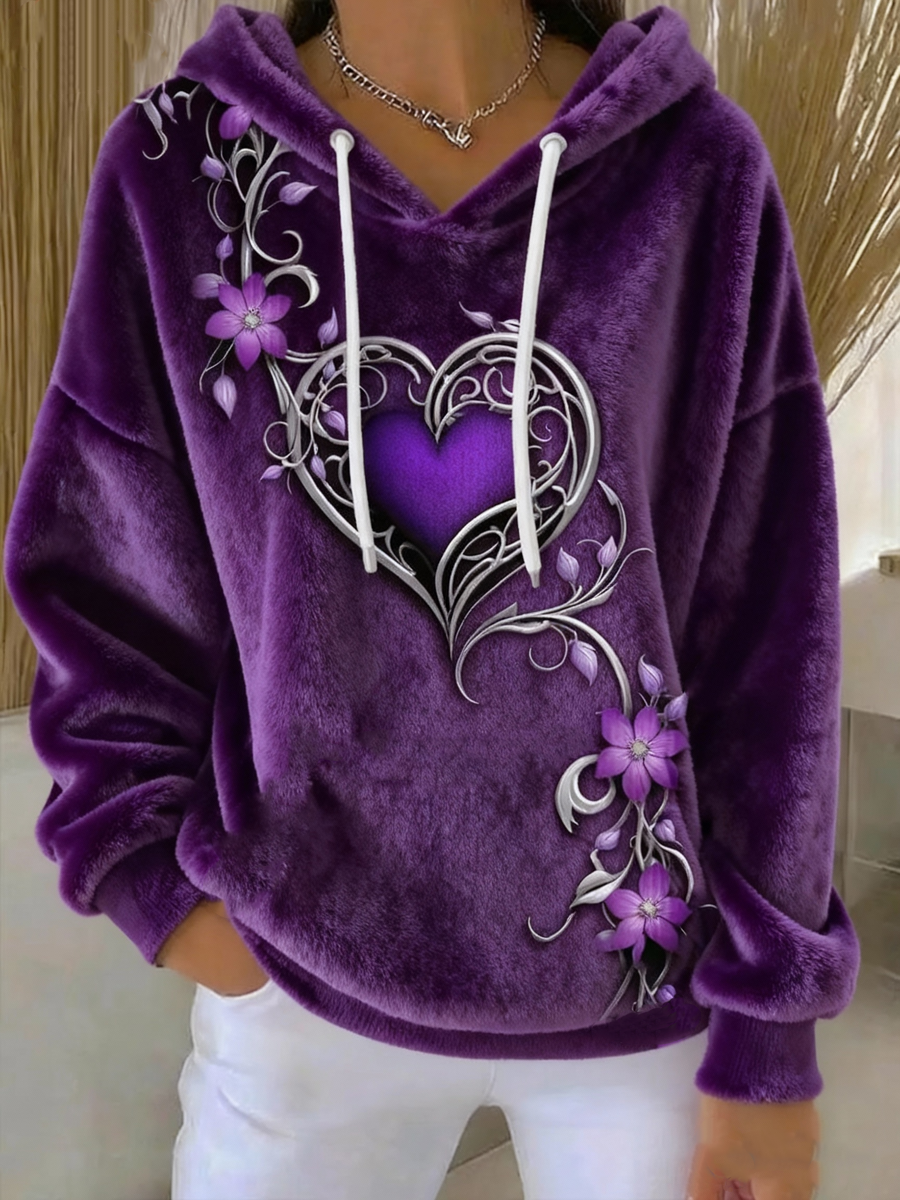 Women's Vintage Purple Floral Art Print Flannel Hoodie gracestitchs
