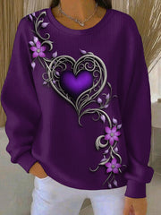 Women's Vintage Purple Floral Art Print Ribbed Round-Neck Sweatshirt gracestitchs