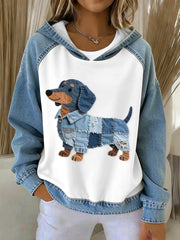 Women's Lovely Dachshund Dog Pattern Denim Patchwork Hoodie gracestitchs