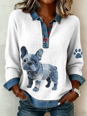 Women's Denim Patchwork Art French Bulldog Pattern Waffle Top gracestitchs
