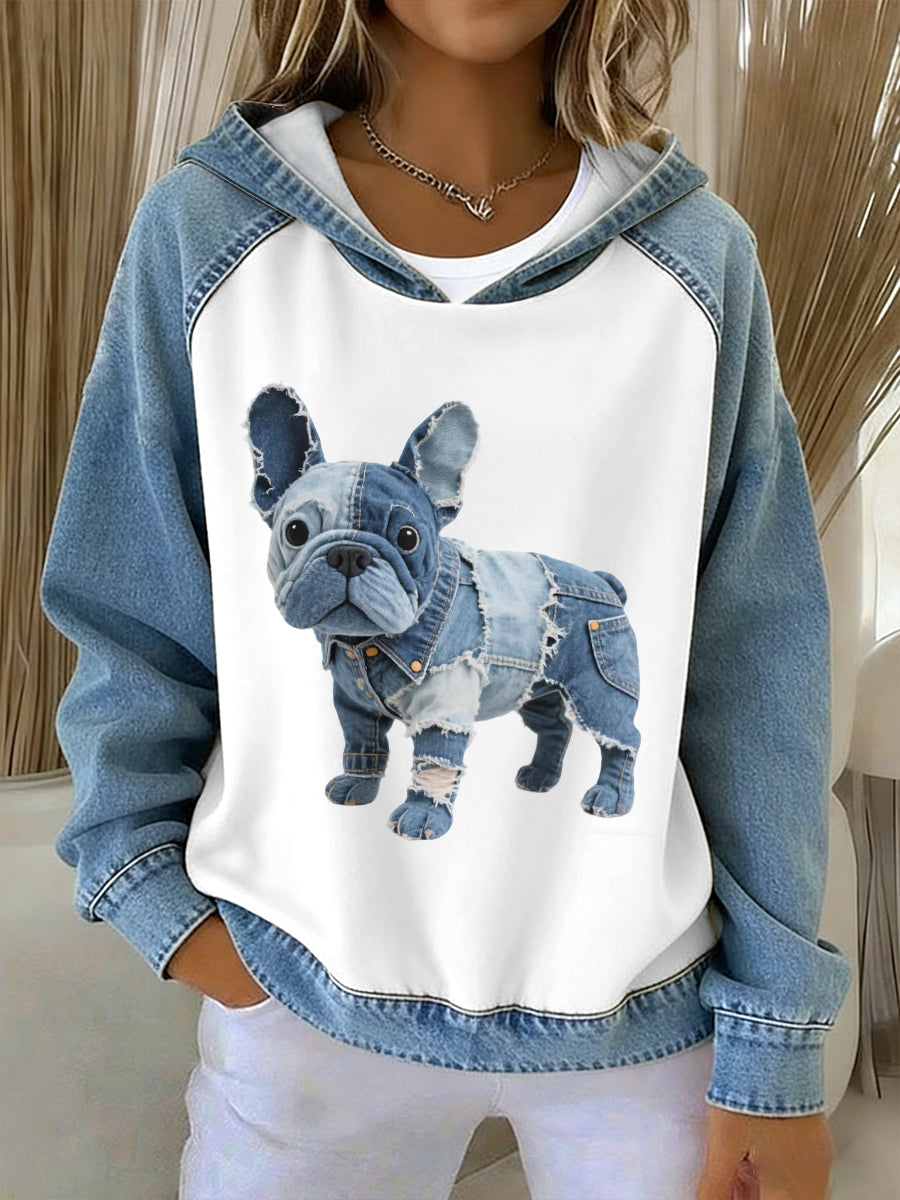 Women's Lovely French Bulldog Pattern Denim Patchwork Hoodie gracestitchs