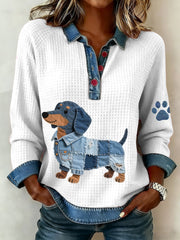 Women's Denim Patchwork Art Dachshund Dog Pattern Waffle Top gracestitchs