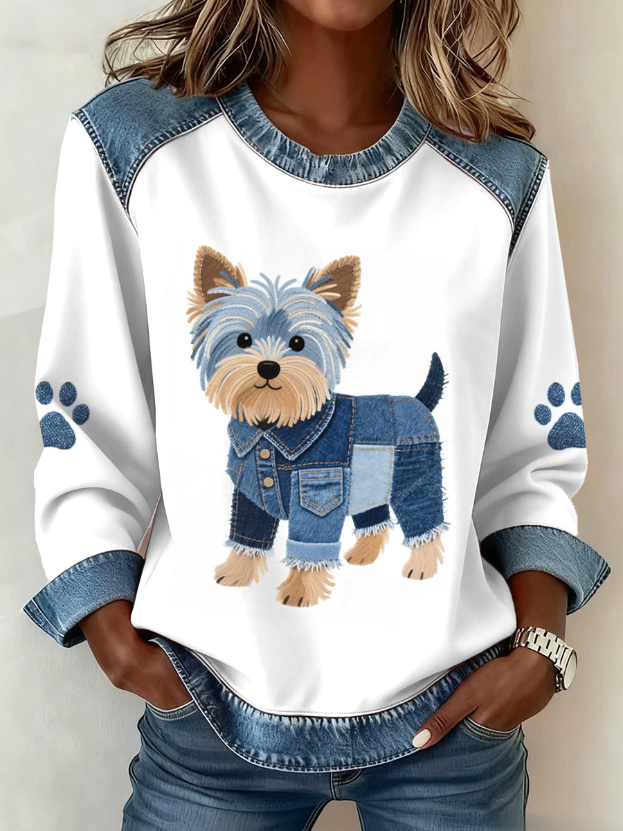 Women's Lovely Yorkshire Terrier Dog Pattern Denim Patchwork Sweatshirt gracestitchs