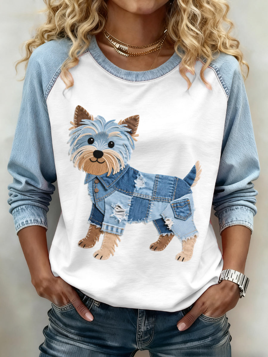 Women's Denim Patchwork Art Yorkshire Terrier Dog Pattern Sweatshirt gracestitchs