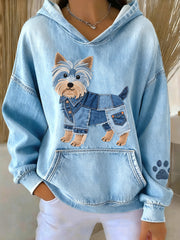 Women's Denim Patchwork Art Yorkshire Terrier Dog Pattern Hoodie gracestitchs