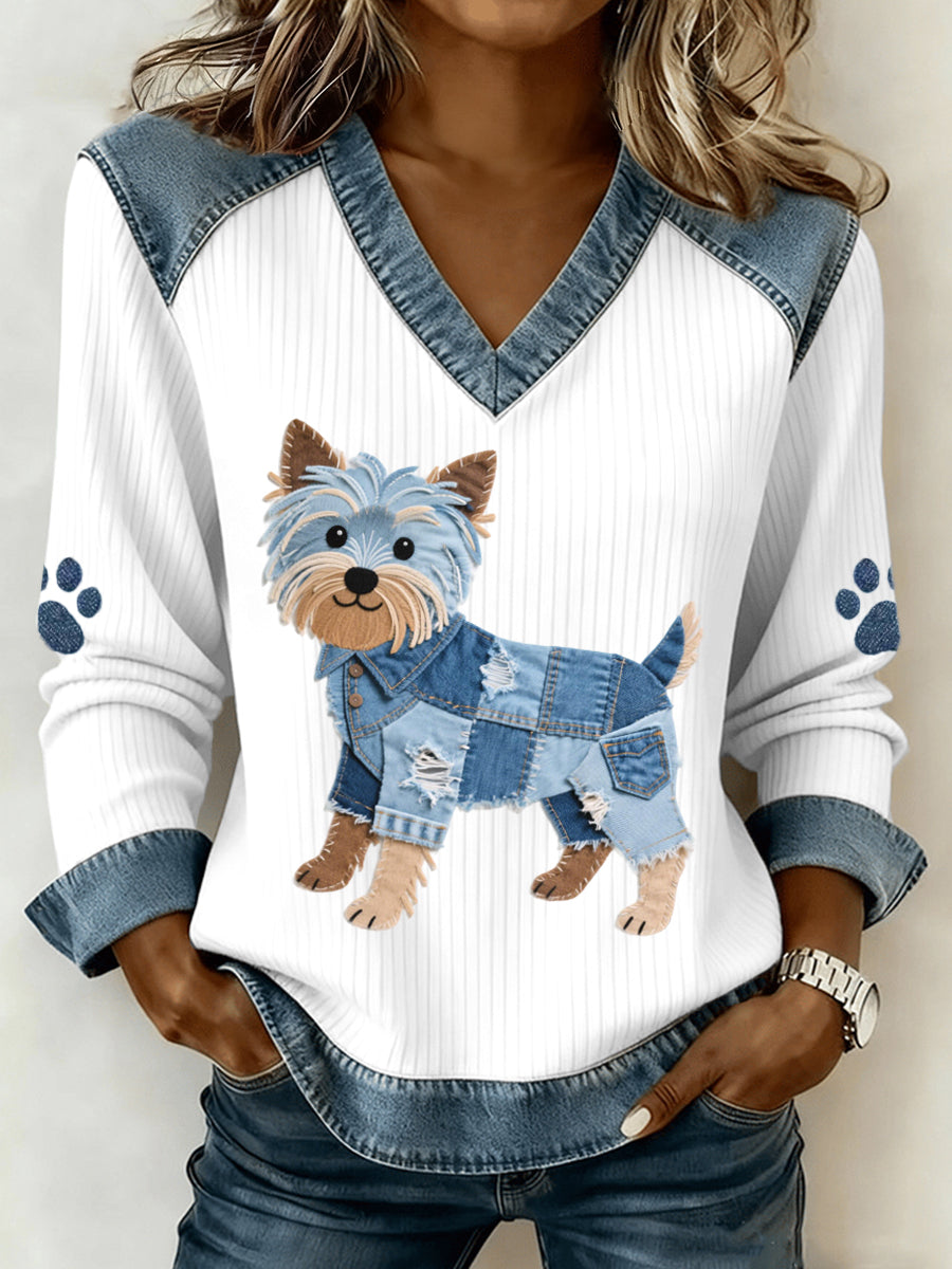 Women's Lovely Yorkshire Terrier Dog Pattern Denim Patchwork V-Neck Top gracestitchs