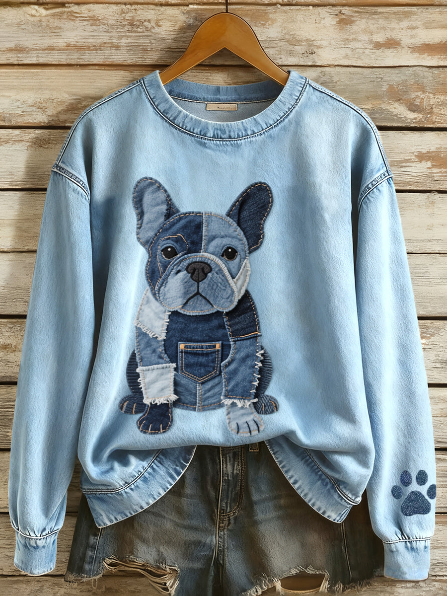 Women's Denim Patchwork Art French Bulldog Pattern Sweatshirt gracestitchs
