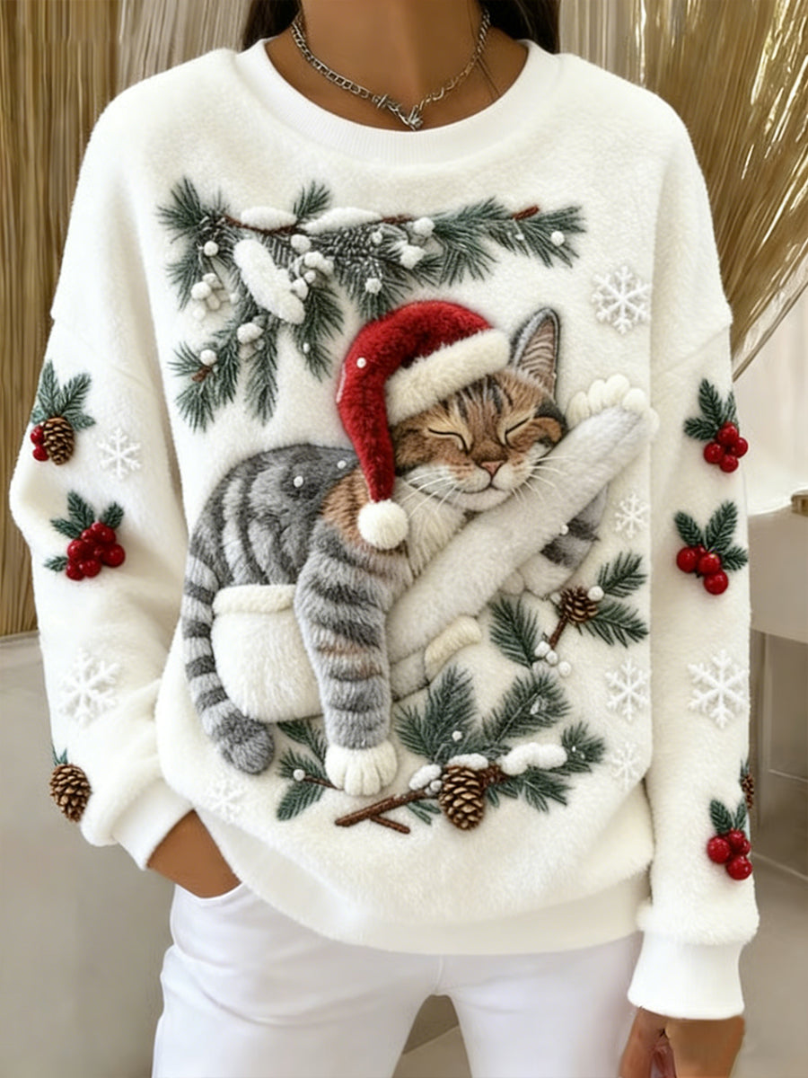 Women's Cute Christmas Cat Art Print Casual Flannel Hoodie gracestitchs