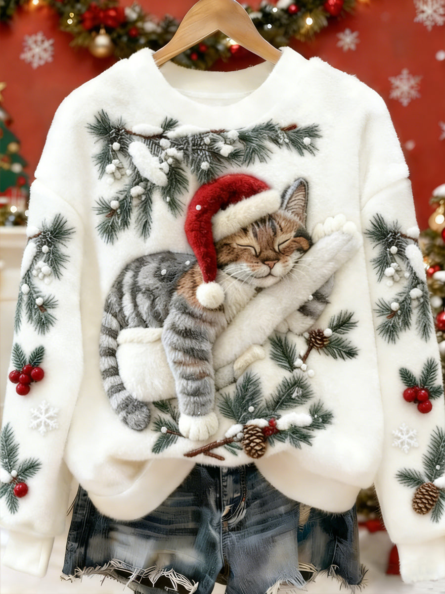 Women's Cute Christmas Cat Art Print Casual Flannel Hoodie gracestitchs