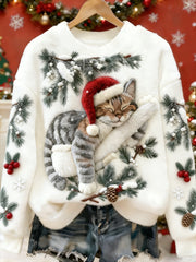 Women's Cute Christmas Cat Art Print Casual Flannel Hoodie gracestitchs