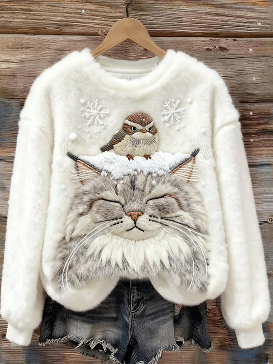 Women's Bird & Cat In The Snow Cozy Flannel Hoodie gracestitchs