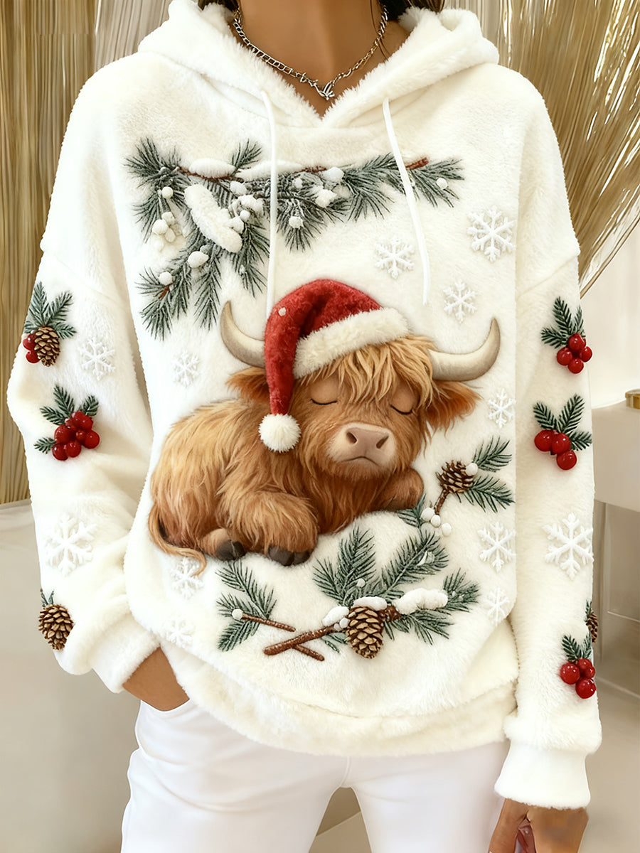 Women's Christmas Cute Highland Cattle Flannel Hoodie gracestitchs