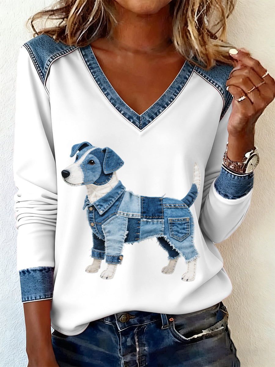 Women's Denim Patchwork Art Jack Russell Terrier Dog Pattern V-neck Long Sleeve T-Shirt gracestitchs