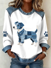 Women's Lovely Jack Russell Terrier Dog Pattern Denim Patchwork Sweatshirt gracestitchs