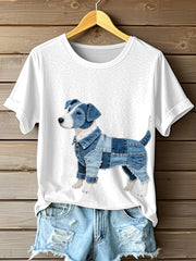 Women's Denim Patchwork Art Jack Russell Terrier Dog Pattern T-Shirt gracestitchs