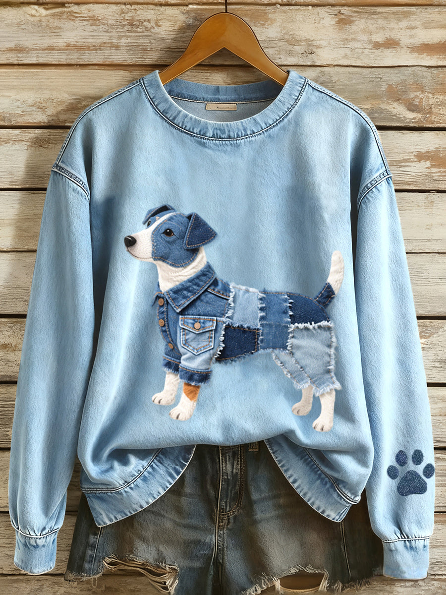 Women's Denim Patchwork Art Jack Russell Terrier Dog Pattern Sweatshirt gracestitchs